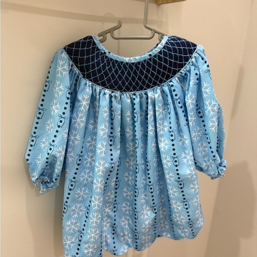 Blue Snowflake Long-Sleeve Girls' Dress with Navy Yoke